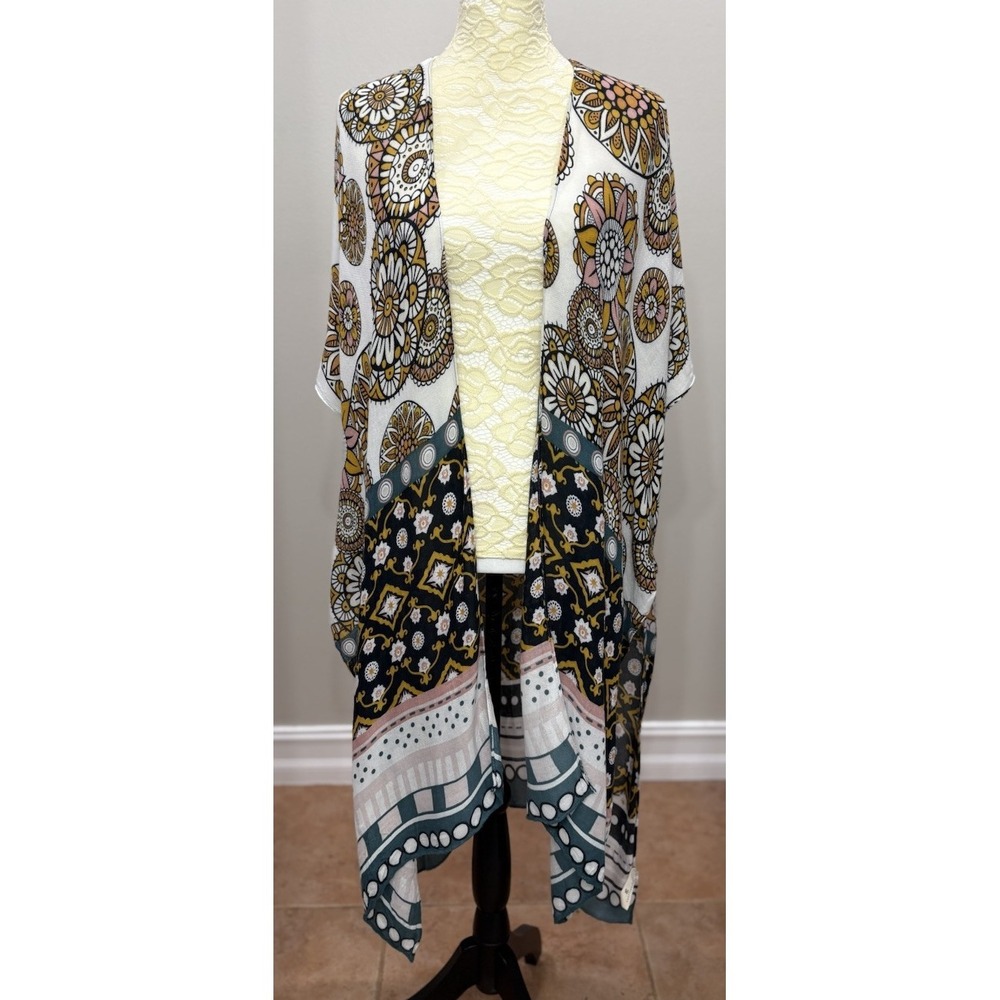 ComfyLuxe Kimono Duster Pink Yellow Print 70's Vibe Lightweight Boho Festival OS